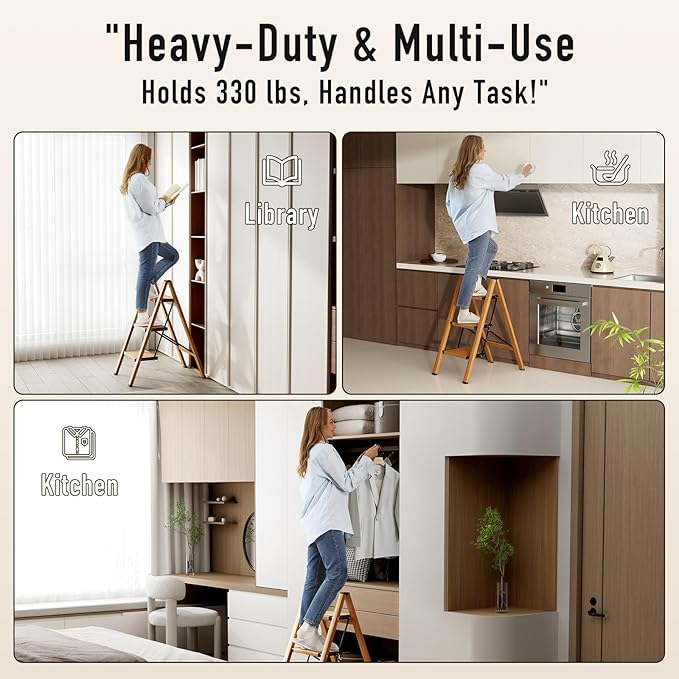 3 Step Ladder, Aluminum Folding Step Stool for Adults, Step Ladder with Wide Anti-Slip Pedal, 330 lbs Capacity for Home, Office, Kitchen, Library (Woodgrain)