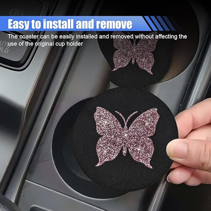 2PCS Bling Butterfly Car Coasters, 2.75 Inch Anti Slip Insert Cup Holder Coaster, Rhinestone Vehicle Cup Holder Decoration Pad, Universal Auto Interior Drink Water Bottle Mat Accessory (Pink)