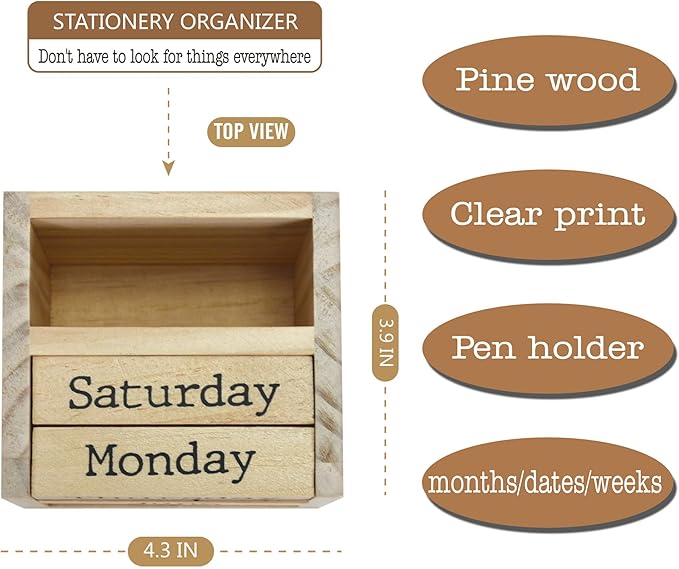 Wooden Blocks Perpetual Calendar with Pen Holder - Natural Pine Wood Home Office Desk Organizer -Reusable Date Week Month Accessories Tabletop Ornament
