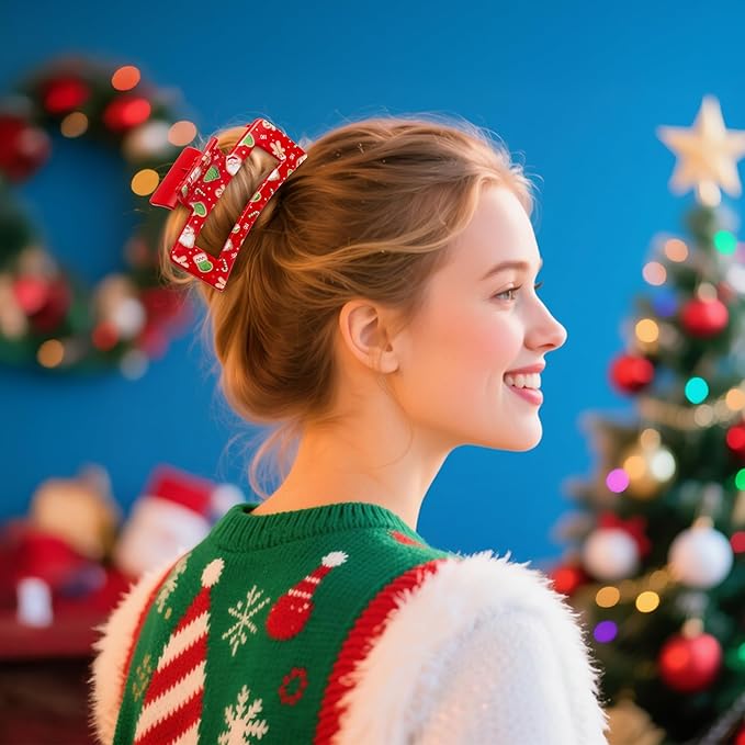 PANTIDE 8Pcs Christmas Hair Claw Clips for Women Girl - Xmas Candy Cane Snowflake Red Green Rectangle Nonslip Banana Hair Clips, Thin Thick Short Long Curly Accessories, Christmas Party Gift