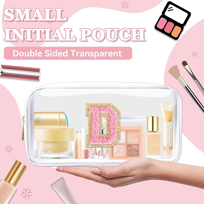 Small Clear Personalized Initial Makeup Bag,Nylon Preppy A-Z Chenille Letter Patch Cosmetic Pouch Beach Toiletry Bag,Waterproof Zipper Travel Purse Storage Bag Organizer for Women Girls(White-Pink D)