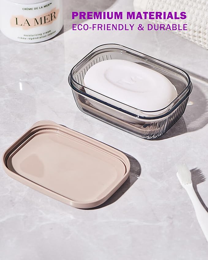 Travel Essentials Soap Holder with Lid, Leakproof Soap Dish with Drainage Layer, Portable Travel Soap Bar Case for Camping, Gym, Bathroom, Kitchen, Dormitory, Hotel (Clear)