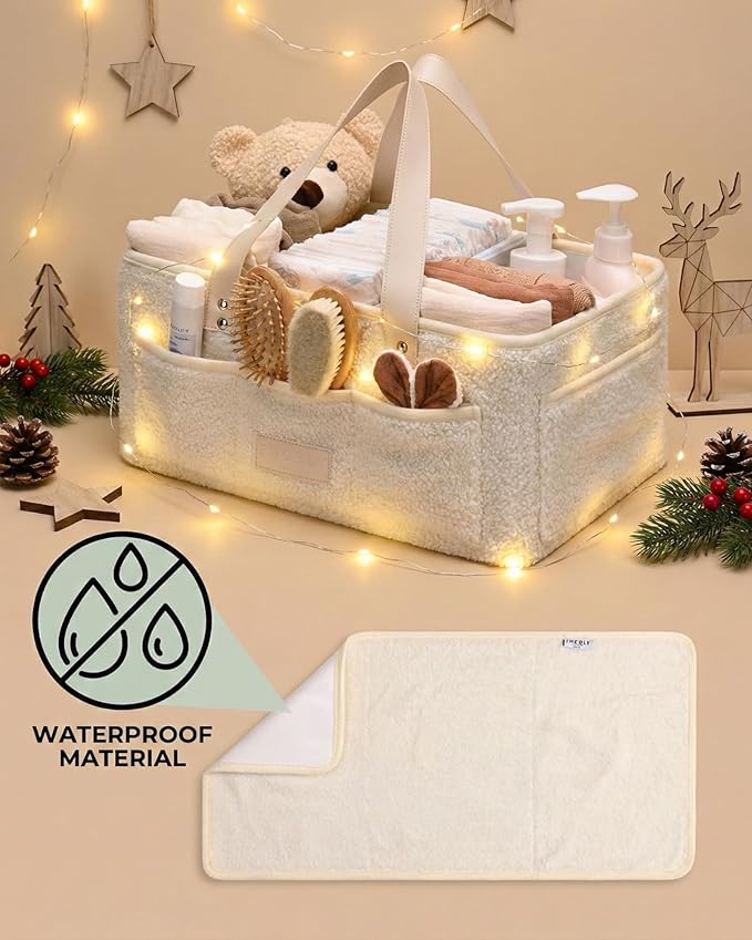 Baby Diaper Caddy Organizer with Portable Changing Mat - Teddy Fleece Diaper Organizer for Changing Table - Basket for Changing Essentials - Baby Essentials Organizer with Removable Dividers