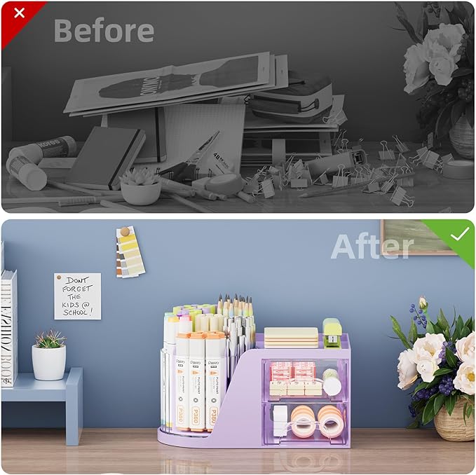 Marbrasse Desk Organizer with 2 Drawers, 360° Rotating Pen Holder, Desk Organizers and Accessories with 6 Slots Pencil Holder + 2 Drawers, Art Supply Storage Box Caddy for Office (Purple)