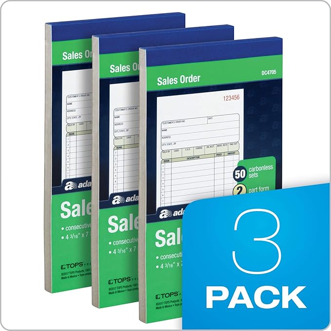 Adams Sales Order Books, 2-Part, Carbonless, White/Canary, 4-3/16" x 7-3/16", Bound Wraparound Cover, 50 Sets per Book, 3 Pack (DC4705-3)