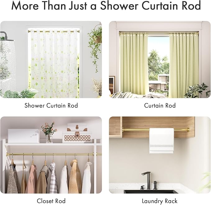 AmazerBath Spring Tension Shower Curtain Rod, 31-46.5 Inches Heavy Duty Shower Curtain Rod Rust Proof Bathroom Curtain Rod, Adjustable Shower Curtain Rod No Drill Easy Segmented Installation, Gold