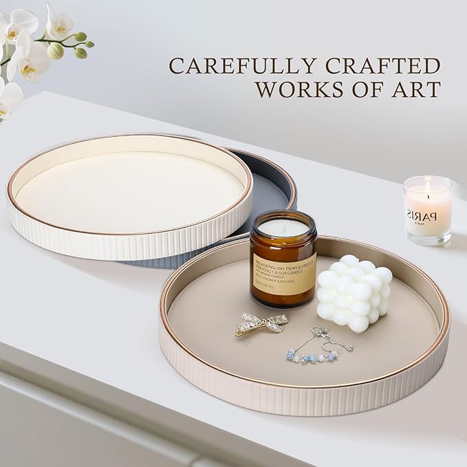 KINGFOM Decorative Serving Tray, PU Leather Valet Nightstand Desk Organizer for Men Women, Round Tray Decor for Coffee Table/Home Decor, Modern Decorative, Centerpiece (Beige)