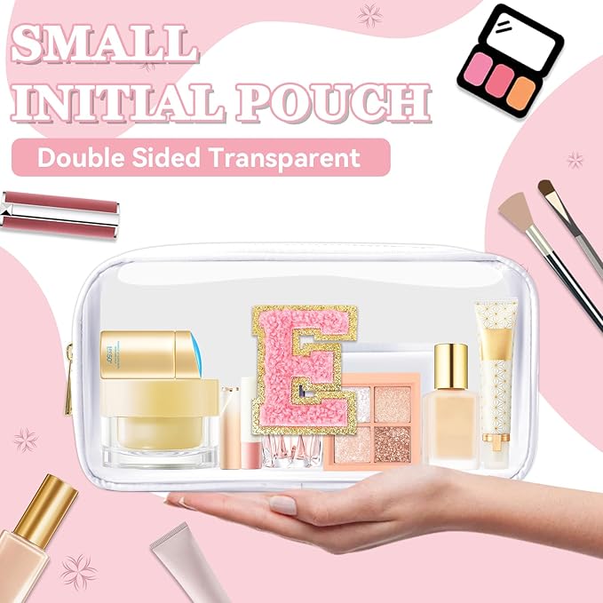 Small Clear Personalized Initial Makeup Bag,Nylon Preppy A-Z Chenille Letter Patch Cosmetic Pouch Beach Toiletry Bag,Waterproof Zipper Travel Purse Storage Bag Organizer for Women Girls(White-Pink E)