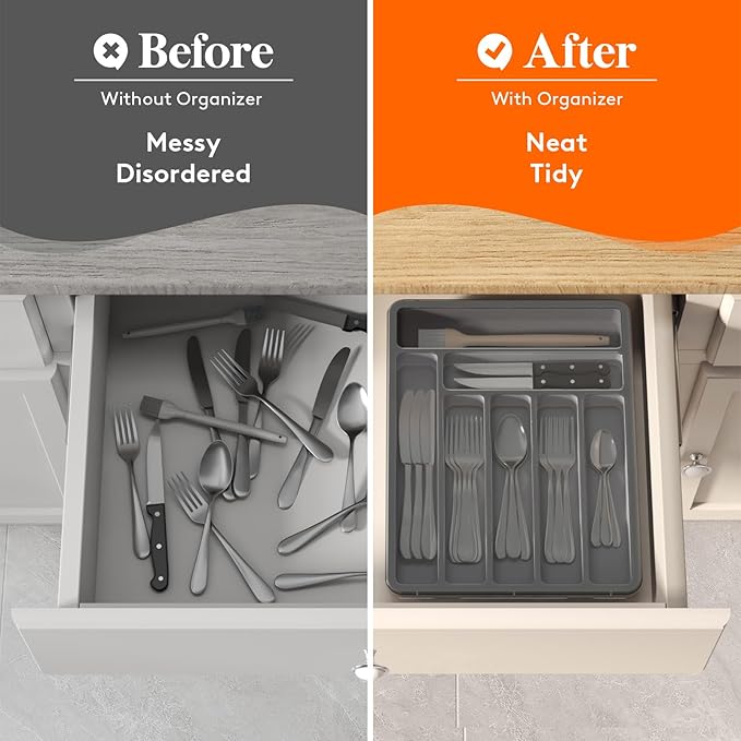 Lifewit Silverware Organizer with Lid, Covered Utensil Tray for Kitchen Drawer and Countertop, Plastic Cutlery and Flatware Storage Box for Spoons Forks Knives Holder Case, 7 Compartments, Gray