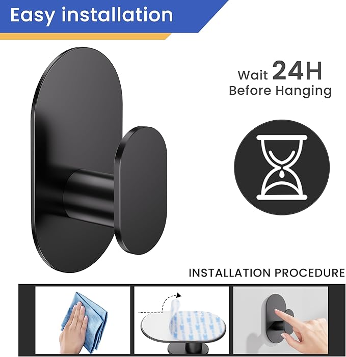 Aikzik Adhesive Hooks, 26LB Extra Strong Heavy Duty Wall Hooks for Hanging Coat, Robe, Towel, Dogs' Leads and Collars Stainless Steel Waterproof Stick on Bathroom/Shower, Door - 2 Pack (Matte Black)