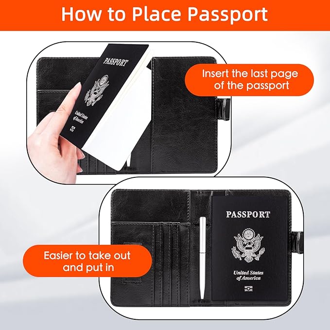 WALNEW Passport Holder for Travel, RFID Passport Cover Wallet for Women Men, PU Leather Passport Book Card Holder Case with Pen (Buckle Closure, Buckle-Black)