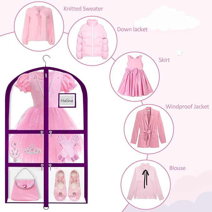 Garment Bags for Dance Costumes - 40 Inch Clear PVC with 5 Zipper Pockets (3 Pack) - Kids Dance Garment Bag for Dancers, Hanging Clothes Storage, Competitions & Travel (Clear Purple)