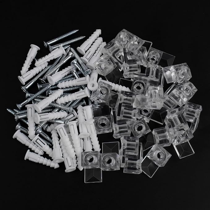 22 Sets of Mirror Holder Clips Kit,3/8 Crystal Clear Plastic Mirror Clip,Mirror Holder Clips Glass Retainer Clips Kit,Mirror Hanging kit with Screws and Fixed Mirror Box Door