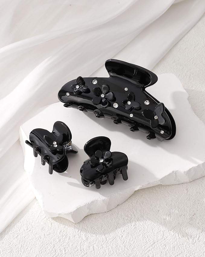 3PCS Acrylic Flower Hair Claw Clips - 2 Styles Durable Medium Small Claw Clips for Women, Strong Hold Cute Non Slip Stylish Accessories Decroation Buns for Thick Thin Hair (black)