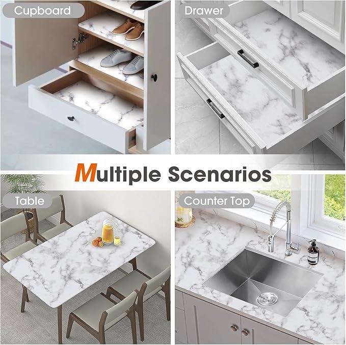 Drawer and Shelf Liner, Non-Slip Kitchen Cabinet Liners Non-Adhesive Thick Strong Grip Waterproof Washable Mats Protect Dresser Shelves Cupboard Bathroom Cabinets, White Marble, 24 in X 10 FT