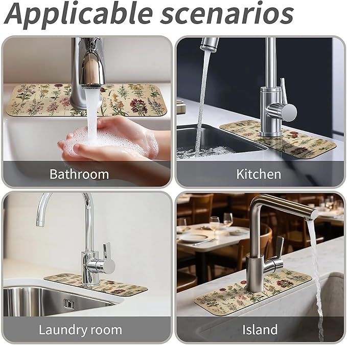 Kitchen Sink Splash Guard,Vintage-wildflowers Faucet Mat Sink Gadgets-Super Absorbent Fast Drying Mat Drip Catcher for Kitchen, Bathroom,Sink Mat, Dish Drying Mat, Bathroom(15" X 5.5" )