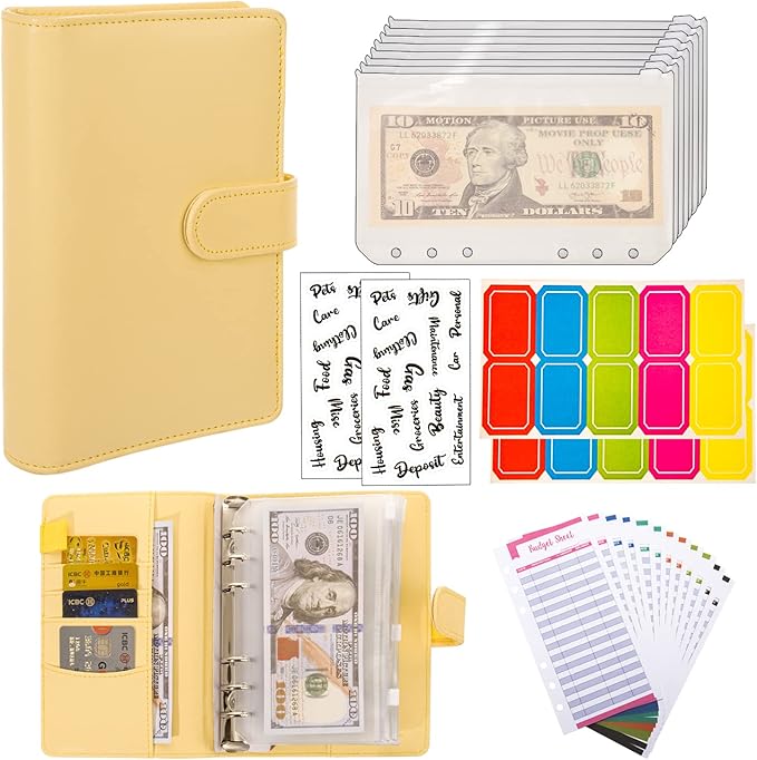 NICOOTHBudget Binder Cash Envelopes A6 Money Saving Binder with Zipper envelopes (Yellow)