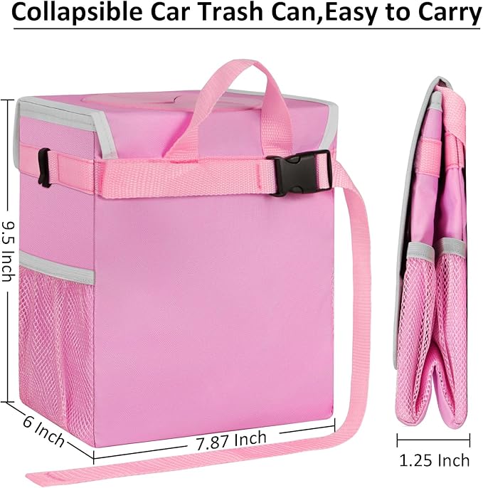 ELONGRIVER Car Trash Can for SUVs, Trucks, Vans - Pink, 2 Gallons Capacity, Leak-Proof Liner, Utility Clasps, Cute Design