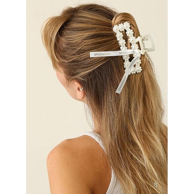 DEEKA Bridesmaid Proposal Gifts 8 Pack Pearl Bridesmaid Hair Claw Clips with Ribbon 3.7 Inch Large Hair Clips Bachelorette Party Favors Bridal Party Present Hair Accessories (Rectangle L)