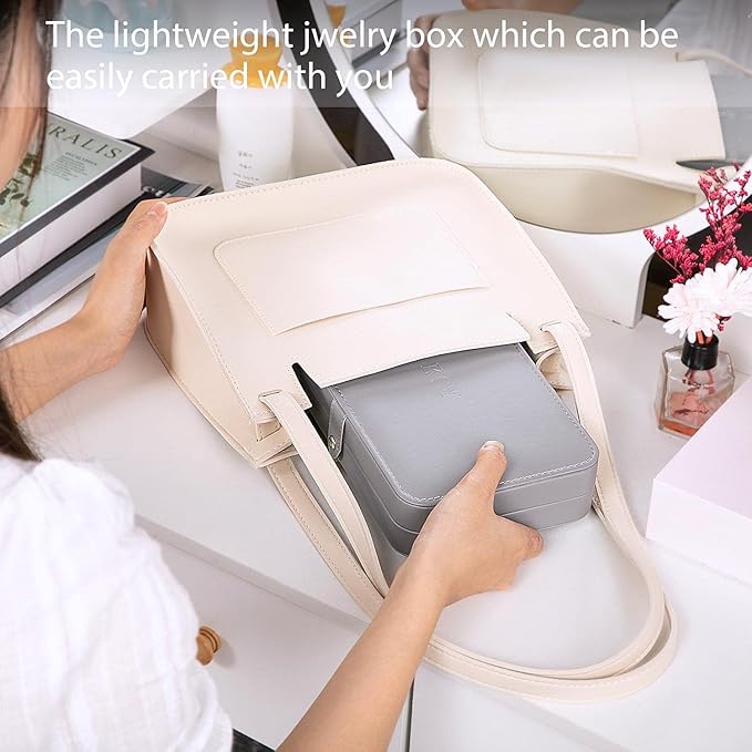 KCY Travel Jewelry Organizer Box for Women Girls, Small Travel Jewelry Case, PU Leather Portable Jewelry Storage Boxes Display Holder for Ring Earrings Necklace Bracelet Bangle, Gifts, Grey