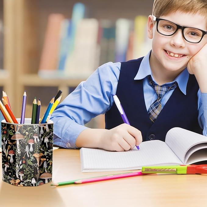 WAVEYU Desk Pen Holder, Ceramic Pencil Cup, Cute Makeup Brush Holder, Desktop Supplies and Accessories for Women Students, Office Home Art Supply Caddy, Mushrooms Pattern