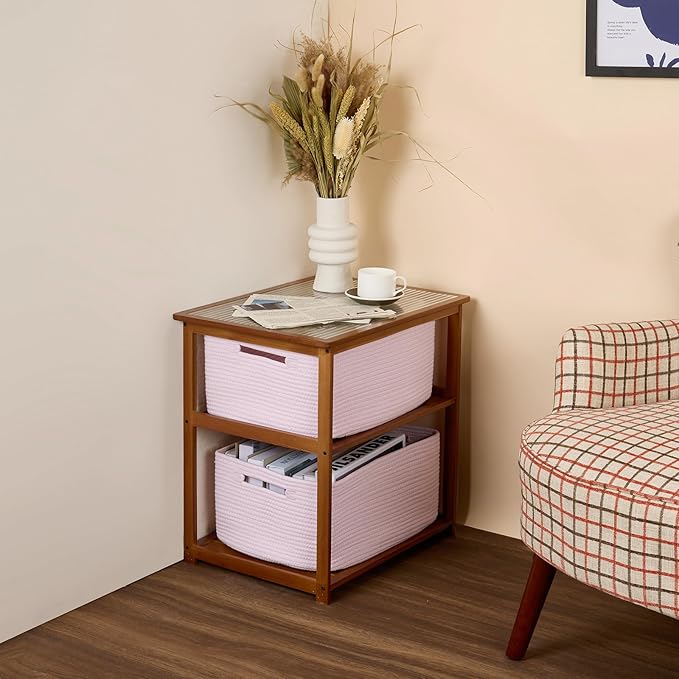 MiniArk Large Storage Baskets for Shelves, Closet Organizer Bins for Clothes, Blankets, Towels, Baby Nursery, Toy Baskets Box, Woven Rope Baskets, 17 x 13 x 7.5”, 3 Packs, Light Pink