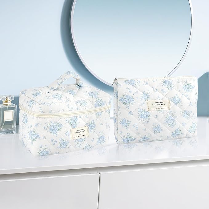 2Pcs Cotton Quilted Makeup Bag for Women Girls, Large Small Travel Floral Cosmetic Bags Set, Cute Coquette Zipper Makeup Pouch for Purse, Aesthetic Cloth Flower Storage Toiletry Bag Organizer
