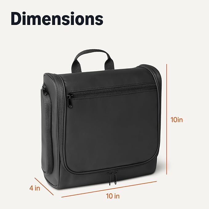 Amazon Essentials Waterproof Travel Toiletry Bag for Men and Women, Hanging Toiletry Bag, Dopp Kit with 2 Side Pockets, Multiple Interior Pockets, Handles Bathroom Spills/Splashes, Black