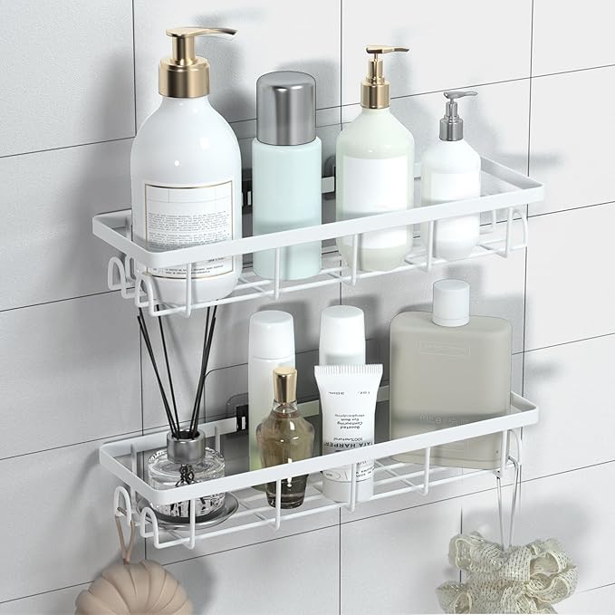 Shower Caddy Organizer with Hooks, Self-Adhesive Bathroom Shelves, No-Drill Bathroom Organizers and Storage, Perfect for RV, Apartment, Home Decor, 2 Pack White