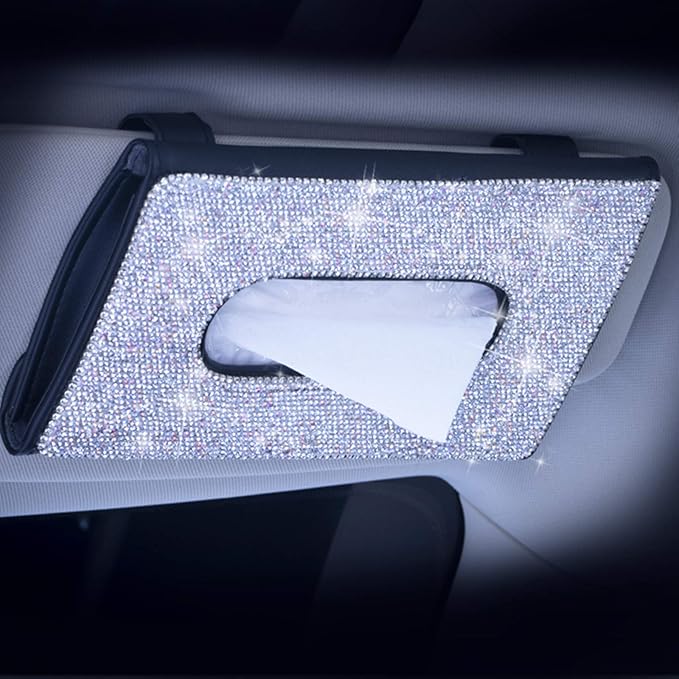 ChuLian Bling Bling Car Visor Tissue Holder Leather Crystals Paper Towel Cover Case & Glitter Sunglasses Clip for Women Black Diamond