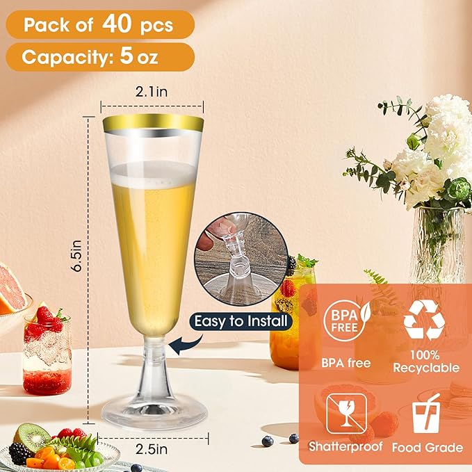 SUREHOME Gold Champagne Flutes Plastic Champagne Glasses Disposable 40 Pack 5 Oz Gold Rim Crystal Stemware Wedding Toasting Wine Mimosa Glasses Cups Bulk for Birthday Graduation Party Supplies 2026