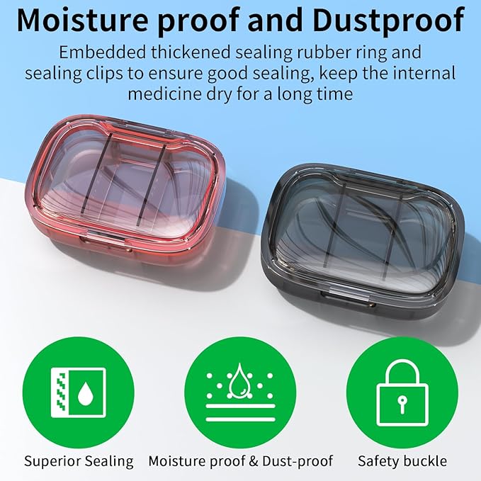 2 Pack 3 Compartment Small Pill Box, Moisture Proof Pill Case, Travel Pill Organizer for Pocket Purse, Daily Portable Medicine Vitamin Box, Fish Oil Box, Supplement Box (Black+Orange)