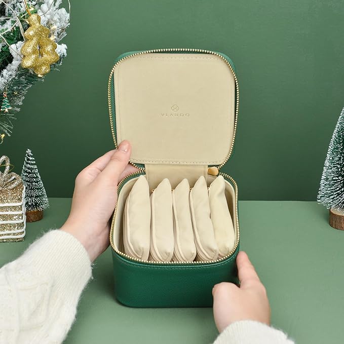 Vlando Jewelry Travel Case, Travel Jewelry Organizer with Clear Velvet Jewelry Bags 6Pcs Zipper Pouch for Women Girl Christmas Wedding Gift-Green