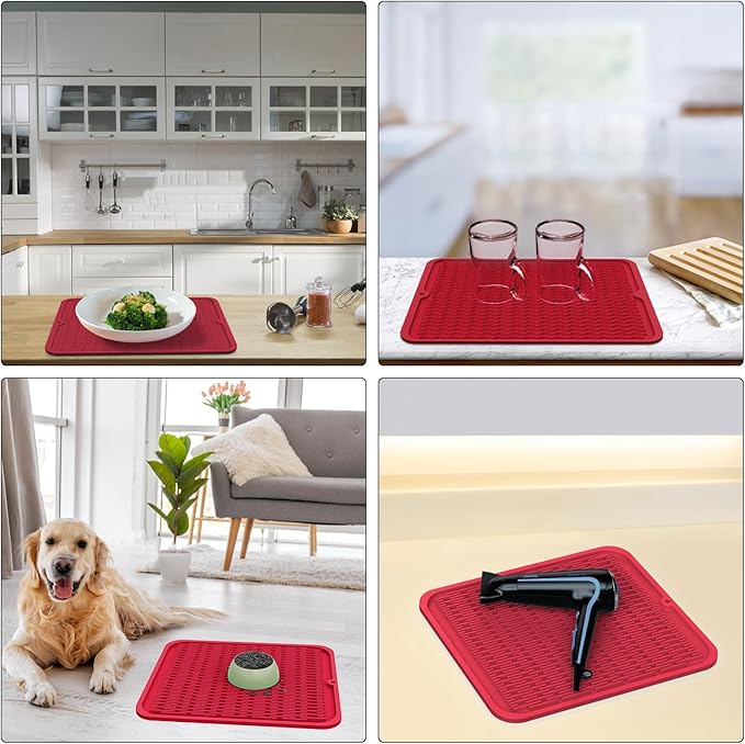 ZLR Silicone Dish Drying Mat for Kitchen Counter, Eco-Friendly Fast Dry Dish Mat, Easy Clean Multi Usage Drying Matt, Heat Resistant Trivet, 12" x 12" Middle, Lave Red