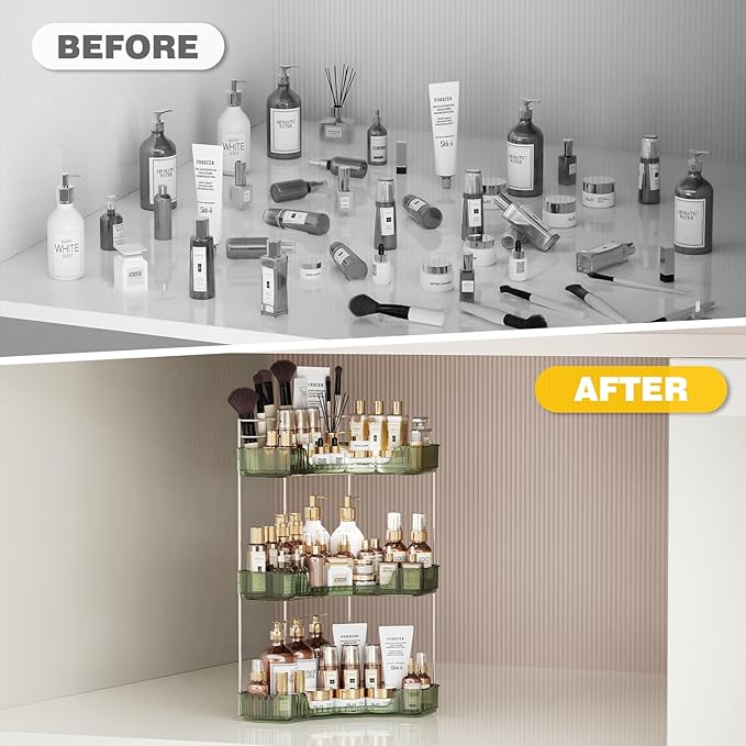 3-Tier Corner Bathroom Counter Organizer with Top Toothbrush Holders,Large Makeup Organizer Countertop with Brush Holder,Skincare Organizers Corner,Exquisite Vanity Organizer (Green, 3 Tier)