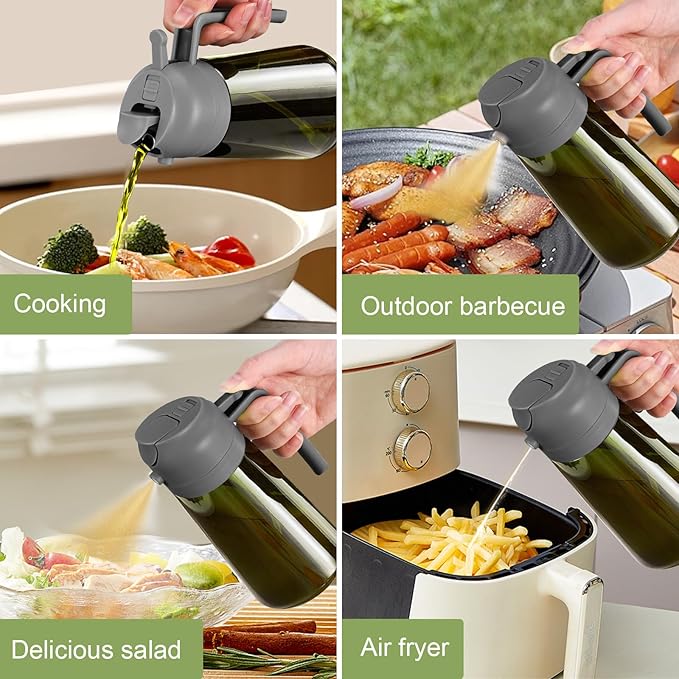 YARRAMATE 16oz/470ml Dark Green Oil Sprayer for Cooking with Stickers, Food-grade Premium 2 in 1 Olive Oil Dispenser Bottle for Kitchen Gadgets, Air Fryer, Salad, Frying, BBQ (Grey)