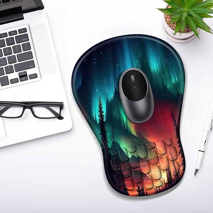 YIWEI Ergonomic Mouse Pad with Wrist Rest - Comfortable Office Mousepad with Memory Foam Wrist Support for Carpal Tunnel Relief, Mouse Pads with Non-Slip Base for Gaming and Home (Aurora-1)