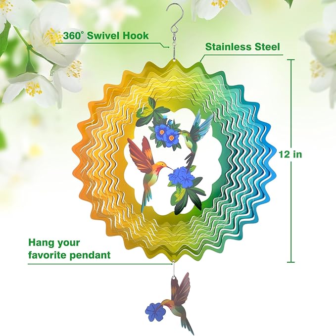 Wind Spinners - 12 Inches Hummingbird Wind Sculptures, 3D Reflective Metal Wind Spinner for Yard and Garden, Home, Outside, Patio Decor, Gifts for Daughter, Mom, Grandma's Birthday, Cyan Yellow