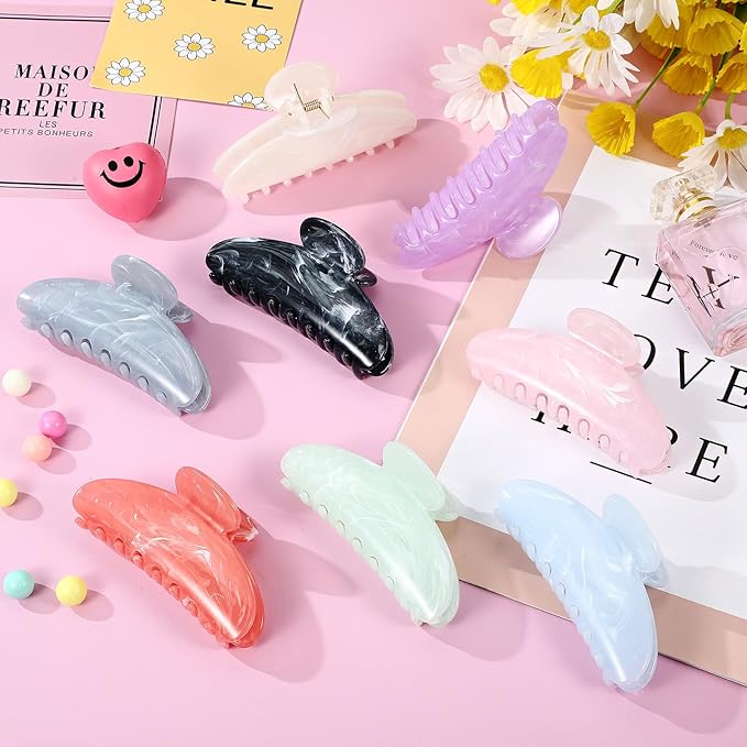8 Pcs Large Acrylic Hair Claw Clips for Women Non-slip Strong Hold Jaw Clamps for Thick or Thin Hair (Marble,Variation Color)