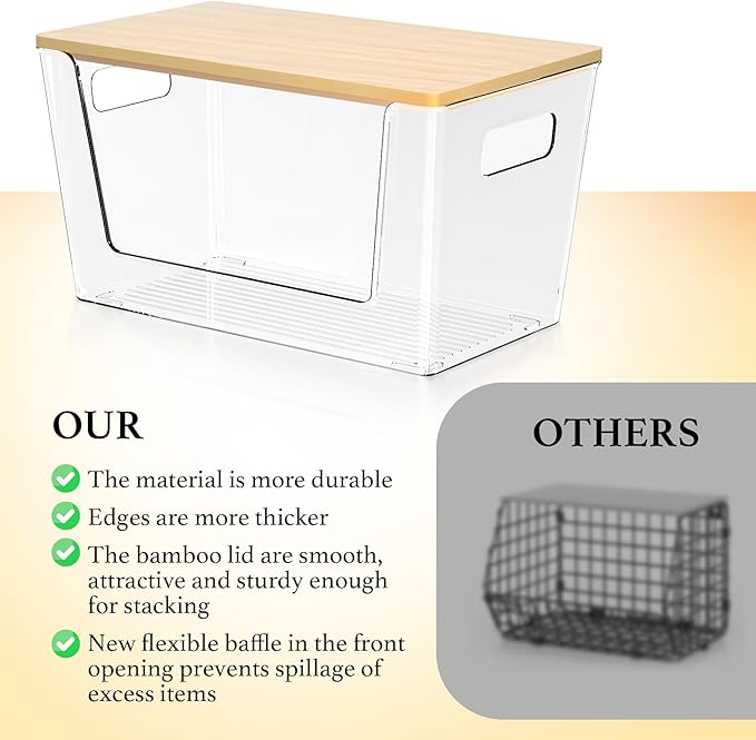 2 Pack Trash Bag Holder with Bamboo Lid - Stackable Under Sink Organizer & Garbage Bag Dispenser for Kitchen Organization - Large Plastic Holder for Laundry Room, Pantry, Bathroom, Cabinets