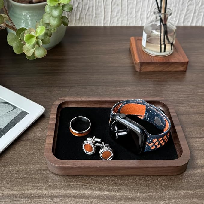 Walnut Solid Wood Square Jewelry Display Valet Tray Dish for Elegant Presentation of Your Finest Pieces, Perfect for Personal Use Men Gift 6.1"