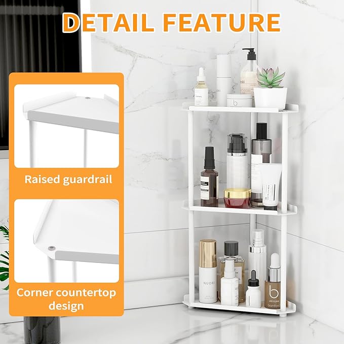 3 Tier Bathroom Counter Organizer, Vanity Organizer Corner Shelf, Skincare, Makeup Countertop Organizers, Kitchen, Bathroom Counter Storage, White