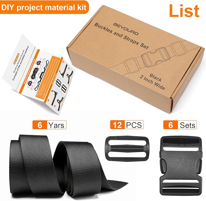 2" Heavy-Duty Buckle & Straps Set: 6-Pack Side Release Plastic Buckles, 6 Yards of Thick Nylon Webbing, 12 Tri-Glide Slide Clips, No Sewing Required (2 Inch Combo Set)