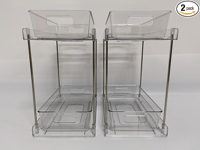 Vtopmart 2 Pack Higher Bathroom Organizer, 2 Tier White Under Sink Organizers Vanity Countertop Storage Container,Cabinet Drawers Bins, Pull-Out Organization with Track for Pantry, Kitchen