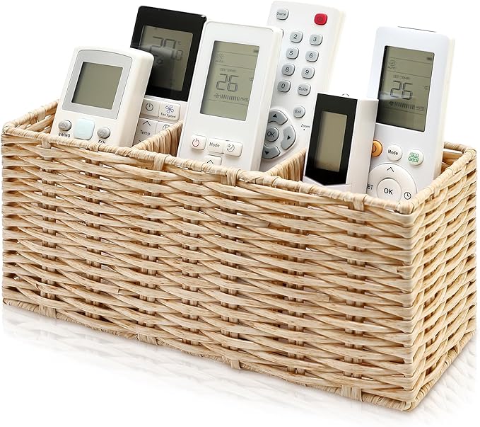 TV Remote Control Holder for Table Bedside Remote Caddy Storage Organizer Couch Nightstand Remote Box TV Controller Holder for Cutlery Silverware Desk Pen Organizer Wicker Decor Utensil Caddy Basket