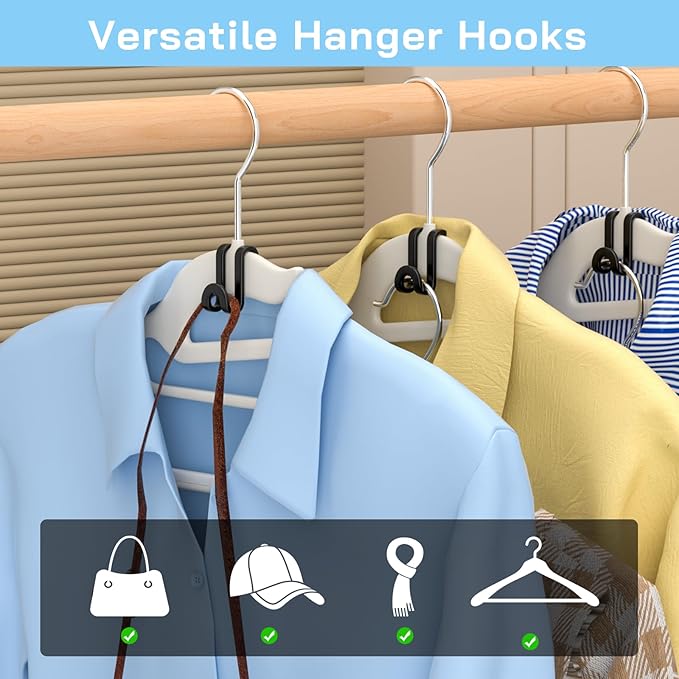 Tinfol Black 60pc Clothes Hanger Connector Hooks and 20pc Plastic Hanger Clips, Stackable Space Saving Hook for Closet Organizers,Plastic Finger Clips for Hangers