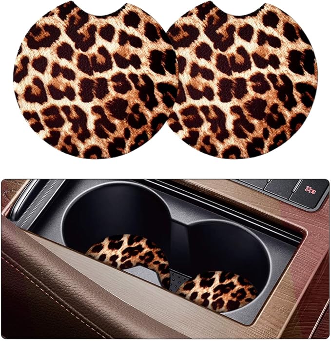 2 Pack Car Coasters for Drinks - 2.75 Inch Cute Cup Holder Coasters for Women, Removable Absorbent Coaster, Interior Accessories for Women & Girls (Yellow Leopard)