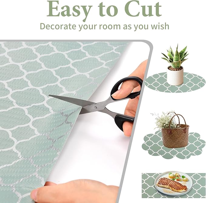 Shelf Liners for Kitchen Cabinets Non Adhesive Drawer Liner 23.6in x 30FT Light Green Quatrefoil Thickened Shelf Liner Strong Non-Slip Easy to Clean Tool Box Refrigerator with Knife and Tape Measure