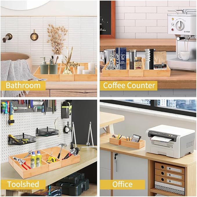 5PCS Bamboo Drawer Organizer with Adjustable Wood 2 Drawer Dividers, Stackable Makeup Desk Junk Storage Boxes Container Trays with 7 Grid for Kitchen Utensils,Bathroom, Office