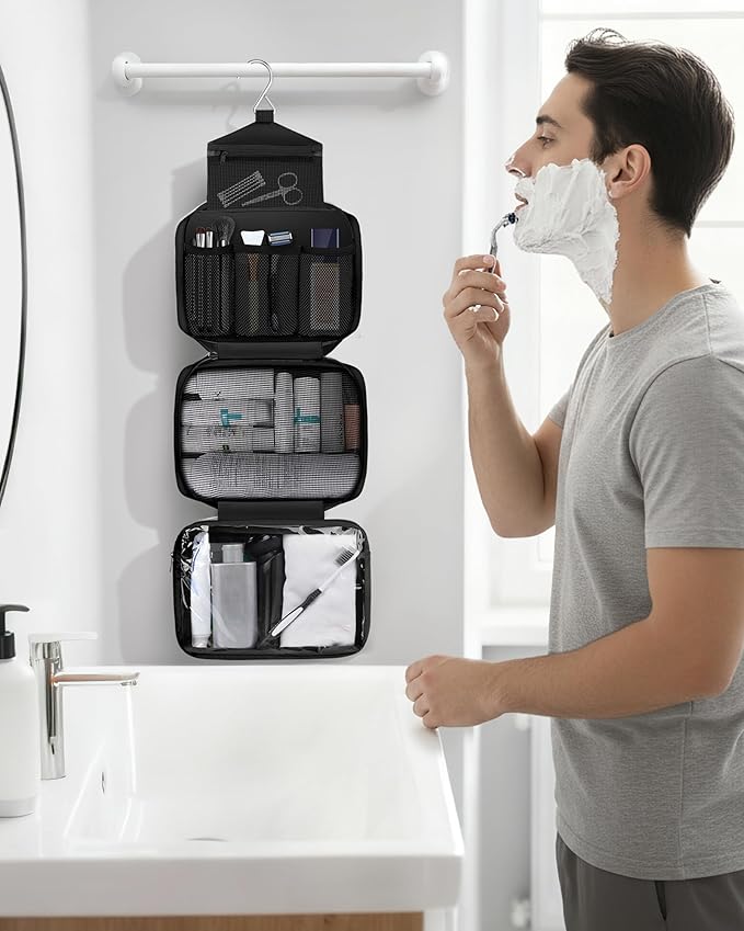 Maliton Toiletry Bag for Men & Women, Travel Toiletry Bag, Hanging Toiletry Bag, Hygiene Bag with 4 Compartments, Waterproof Bathroom Shower Bag for Traveling (Black)